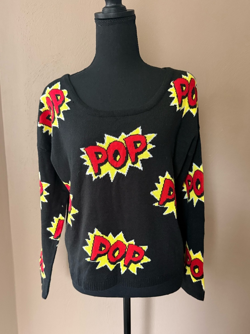Xhilaration Black Pop Graphic Knit Sweater with Red & Yellow Accents